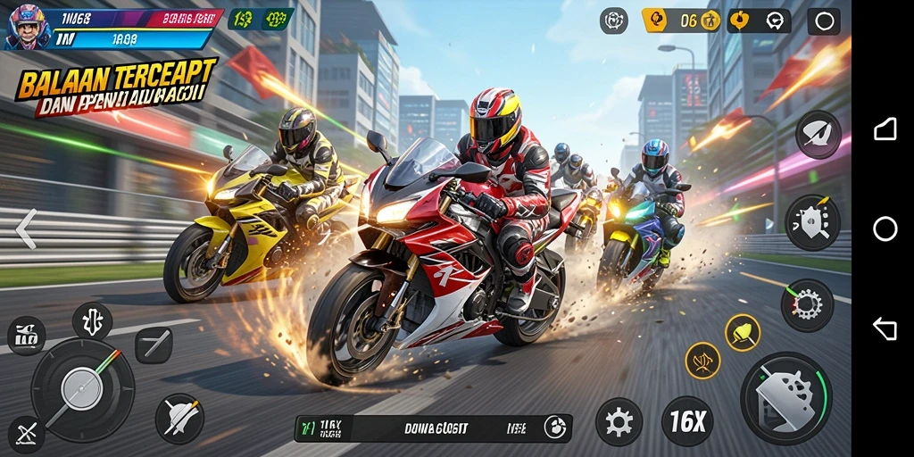 Screenshot utama 116X menampilkan aksi balapan motor yang mendebarkan.