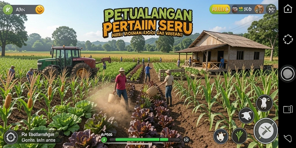 Screenshot AP686 menampilkan petani yang bekerja di ladang dengan tanaman subur.
