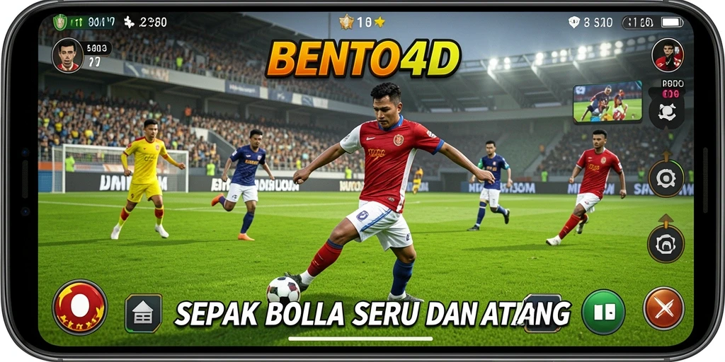 Screenshot gameplay BENTO4D menampilkan aksi sepak bola yang mendebarkan.
