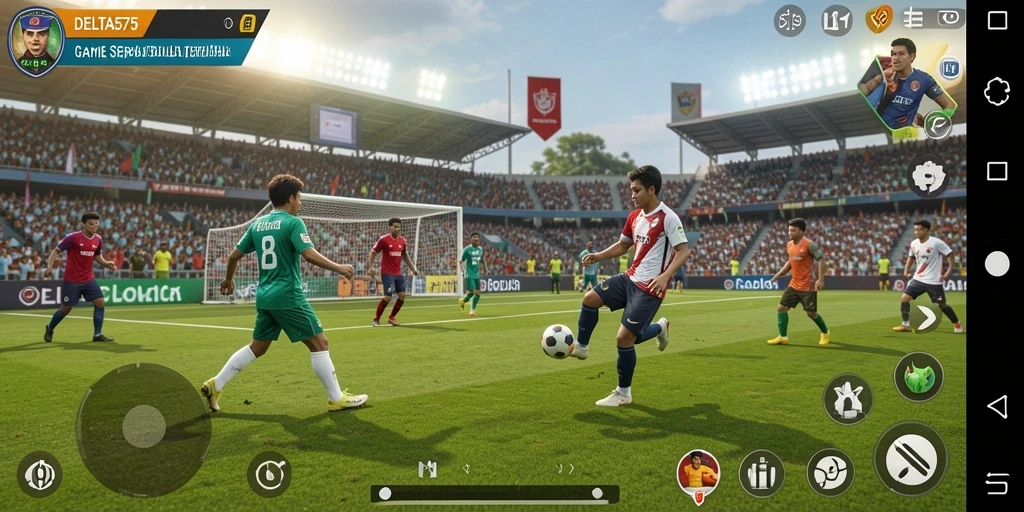Tampilan gameplay menarik dalam DELTA575 saat pertandingan sepak bola.