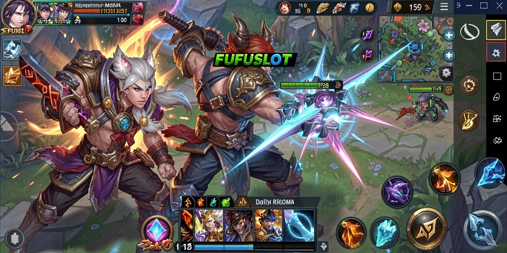 Screenshot FUFUSLOT menampilkan pertempuran MOBA yang intens dan mendebarkan.