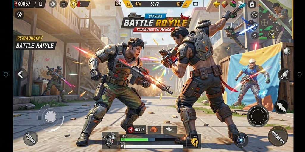 Tangkapan layar ini menunjukkan aksi intens dalam pertempuran Battle Royale.