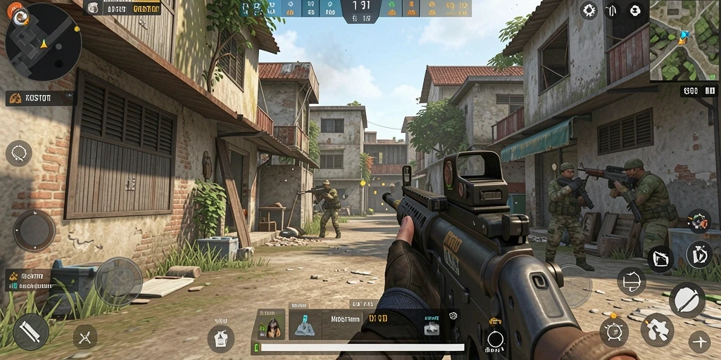 Tangkapan layar gameplay KOSTOTO dengan aksi tembak-menembak yang intens.