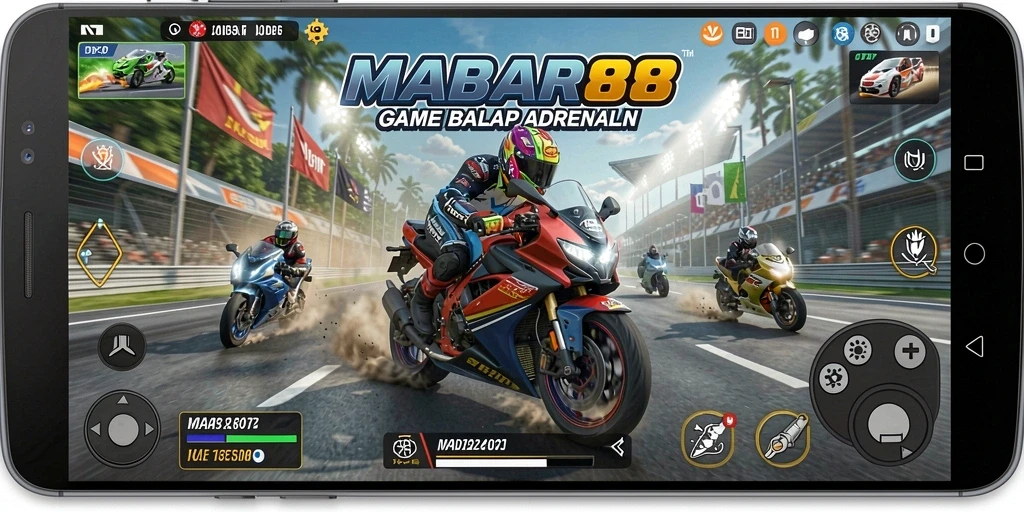 Screenshot gameplay MABAR88 menampilkan balapan motor yang mendebarkan.