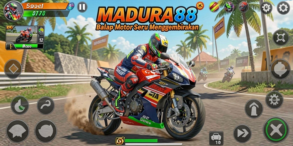 Screenshot gameplay MADURA88 menampilkan balapan motor yang mendebarkan di trek yang menantang.