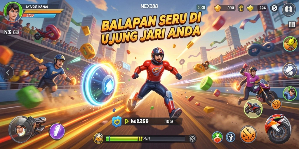 Gameplay seru NEX288 dengan mobil balap di lintasan.