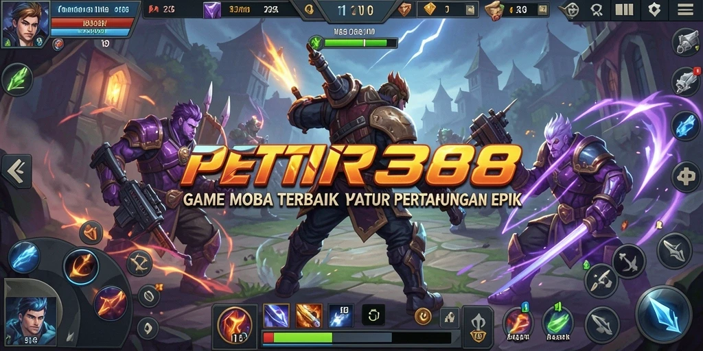 Screenshot utama PETIR388 menampilkan aksi pertempuran MOBA yang intens.