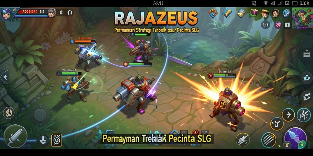 Screenshot utama RAJAZEUS menampilkan aksi pertempuran strategis.