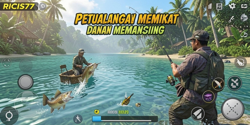 Screenshot gameplay RICIS77 yang menampilkan pengalaman memancing yang seru.