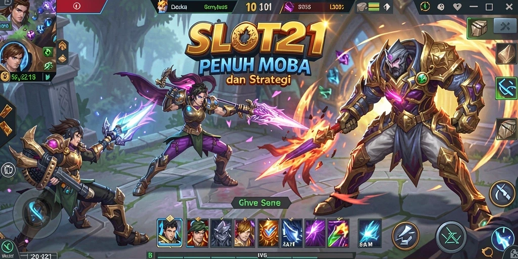 Screenshot utama SLOT21 menampilkan aksi pertempuran seru di arena MOBA.