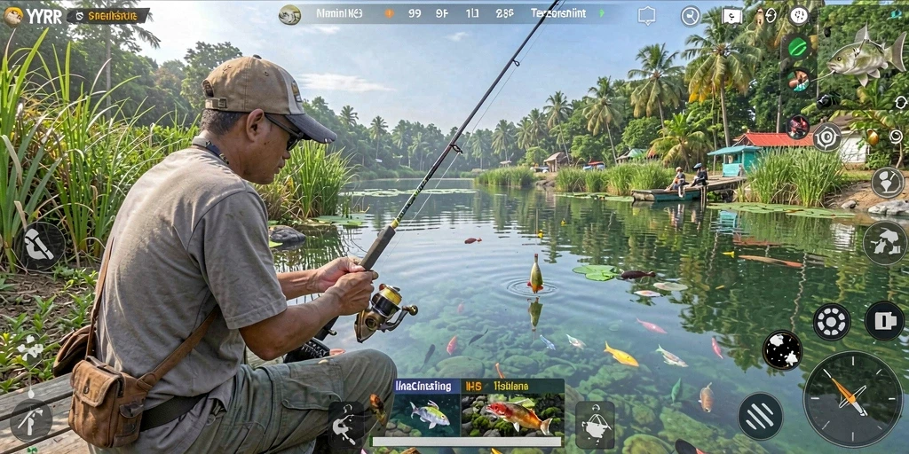 Screenshot utama YYRR menampilkan pemain yang asyik memancing di tepi danau.